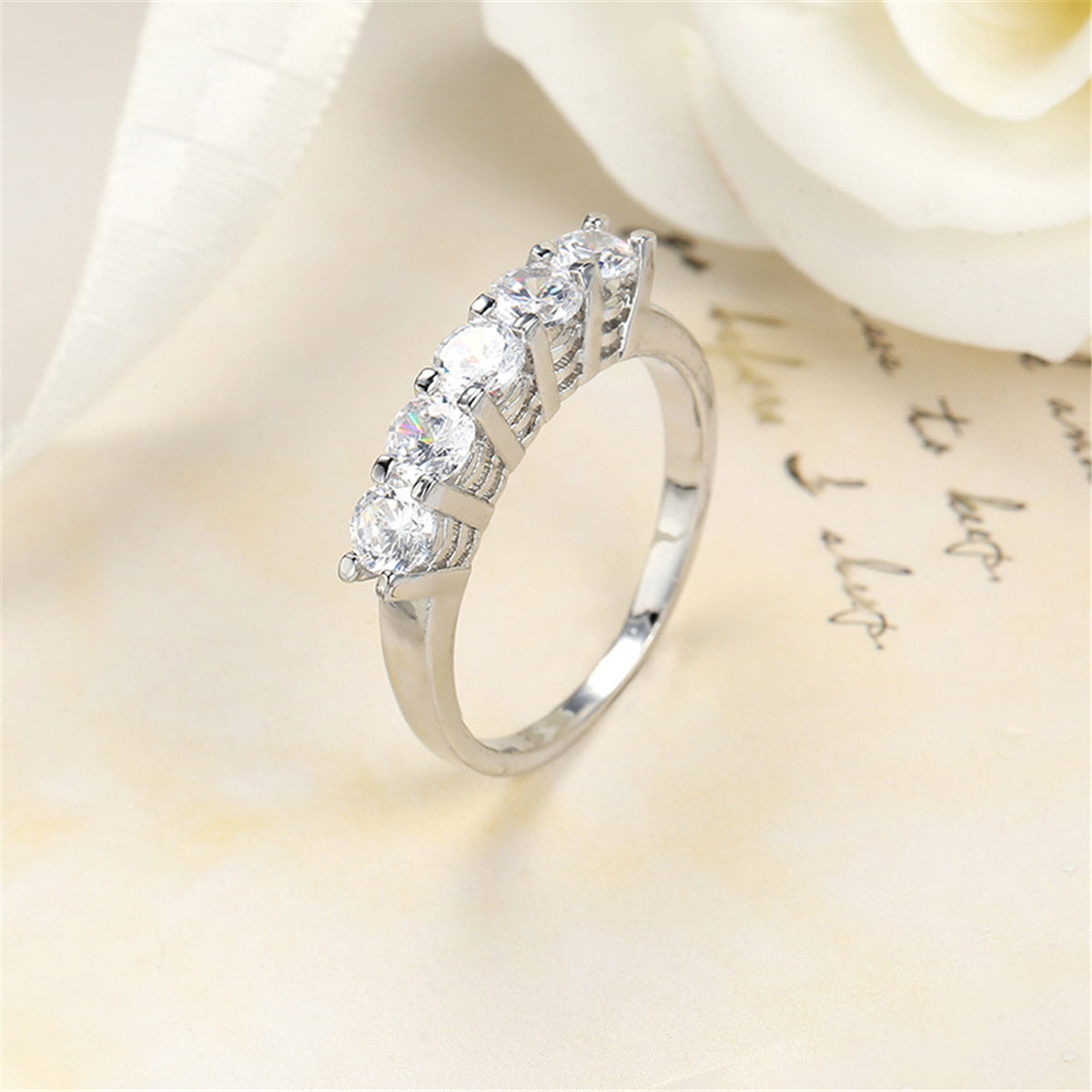 Crystal and Silver-Plated Five-Stone Ring, silver statement rings for women, elegant gift for her, side view