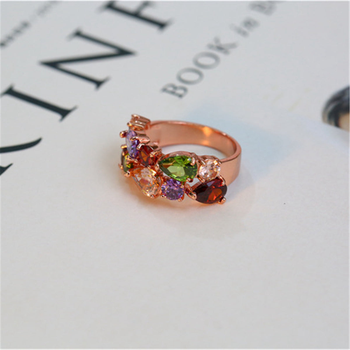 Crystal & 18K Rose Gold-Plated Pear-Cut Cluster Ring