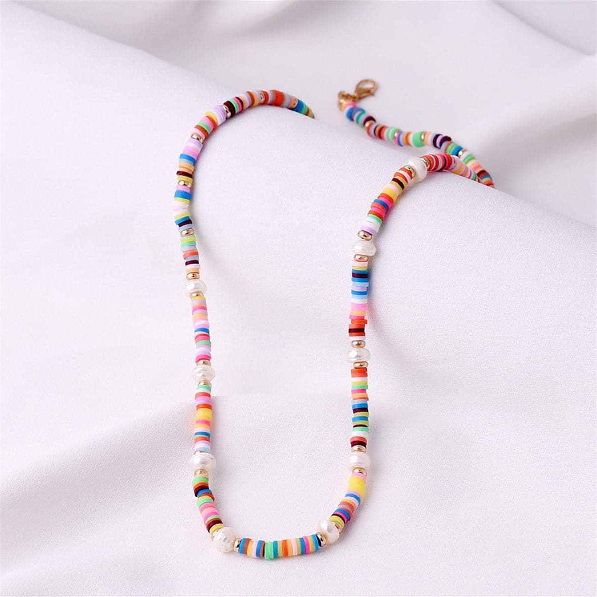 Pearl and Multicolor Polymer Clay 18K Gold-Plated Bead Necklace, gold pendant necklace for women, detail close-up