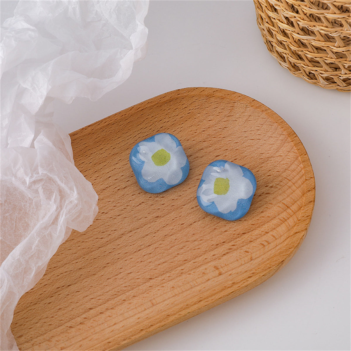 Blue & White Floral Square Stud Earrings