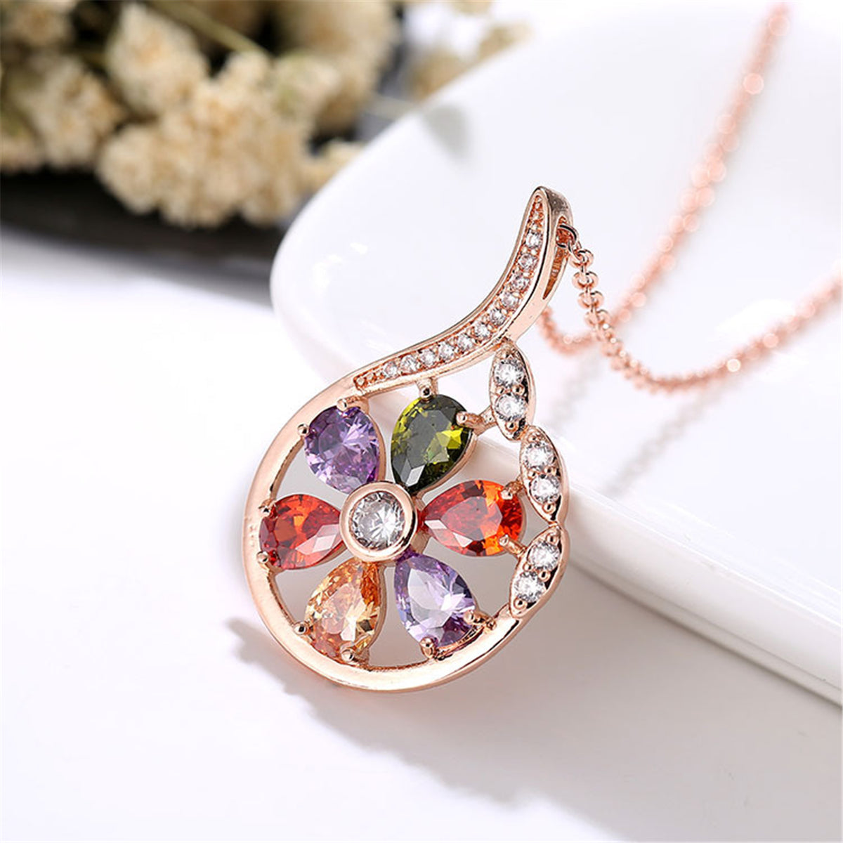 Multicolor Crystal and Cubic Zirconia Droplet Pendant Necklace, pendant necklace for women, detail close-up