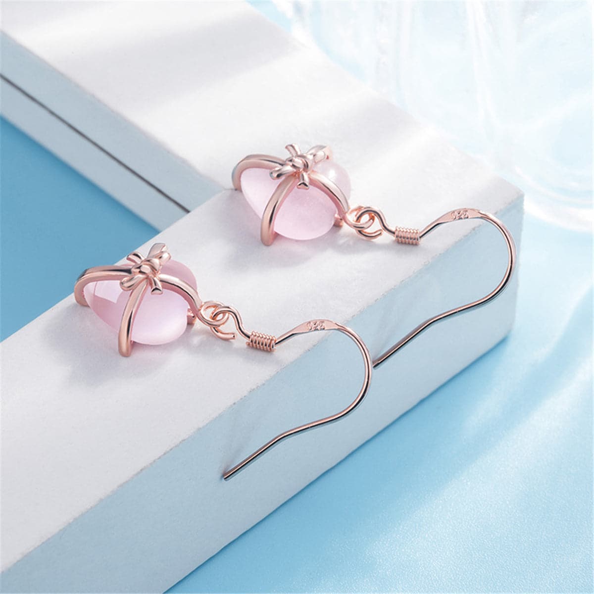 Rose Quartz and 18K Rose Gold-Plated Bezel Drop Earrings, rose gold drop earrings for women, lifestyle look