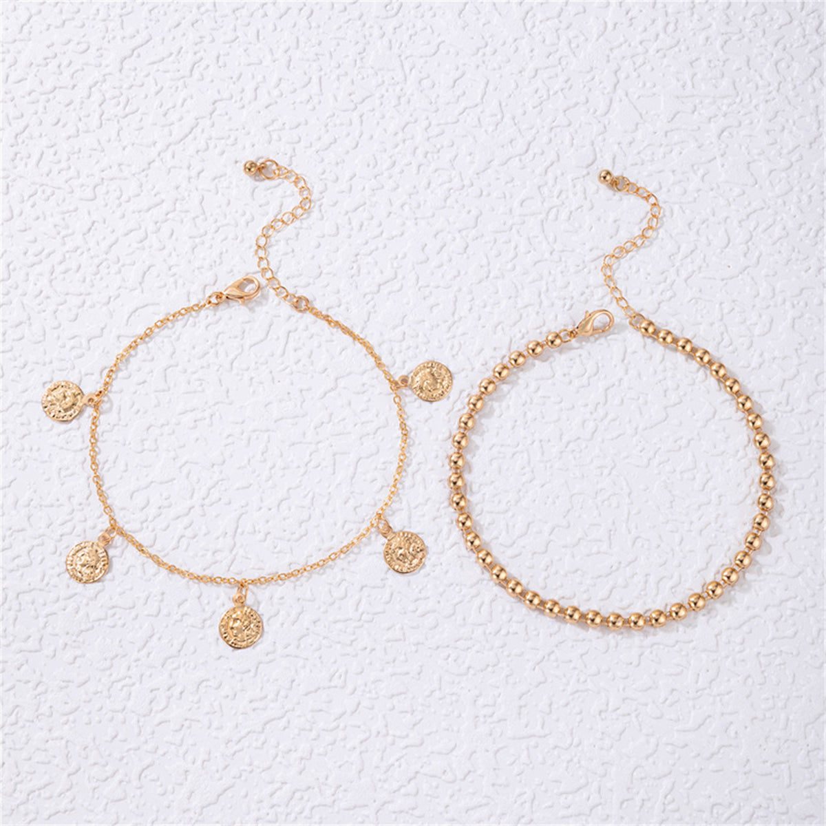 18K Gold-Plated Coin Tassel Bead Chain Anklet Set