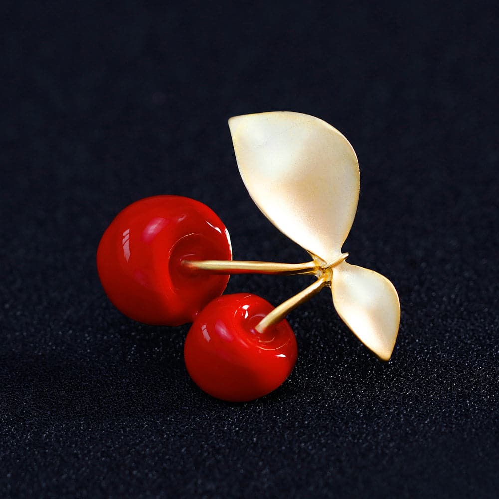 Red and 18K Gold-Plated Cherry Brooch, gold brooch pin, dainty minimalist design, side view