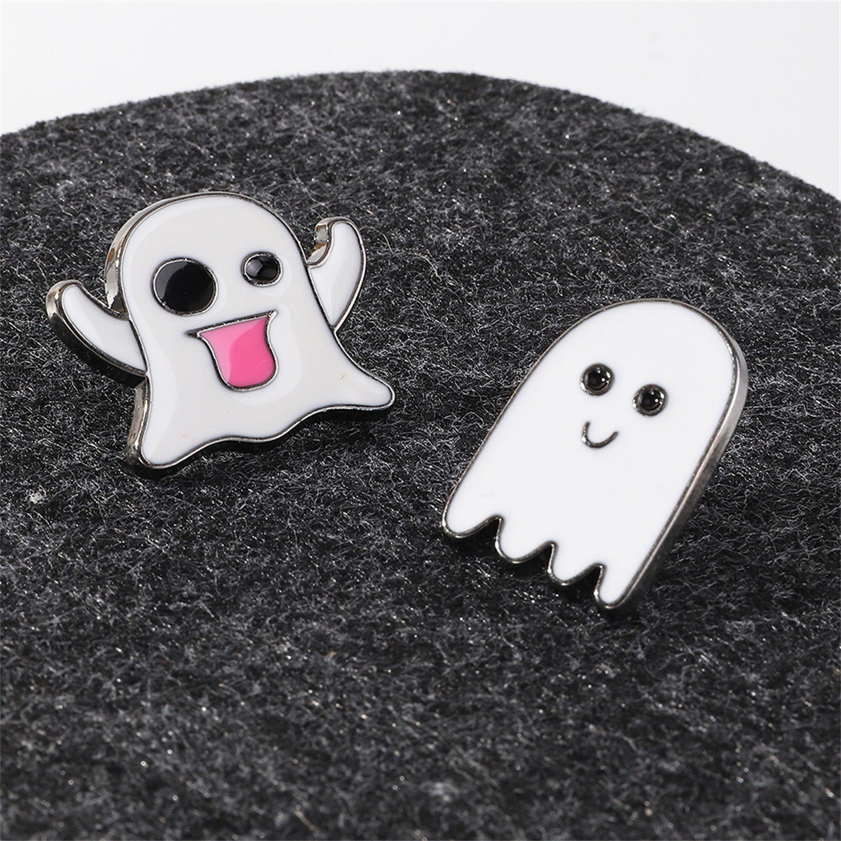 White and Silver-Plated Ghost Enamel Pin Set, silver brooch pin, dainty minimalist design, lifestyle look