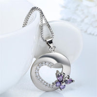Purple Crystal & Cubic Zirconia Heart Butterfly Pendant Necklace