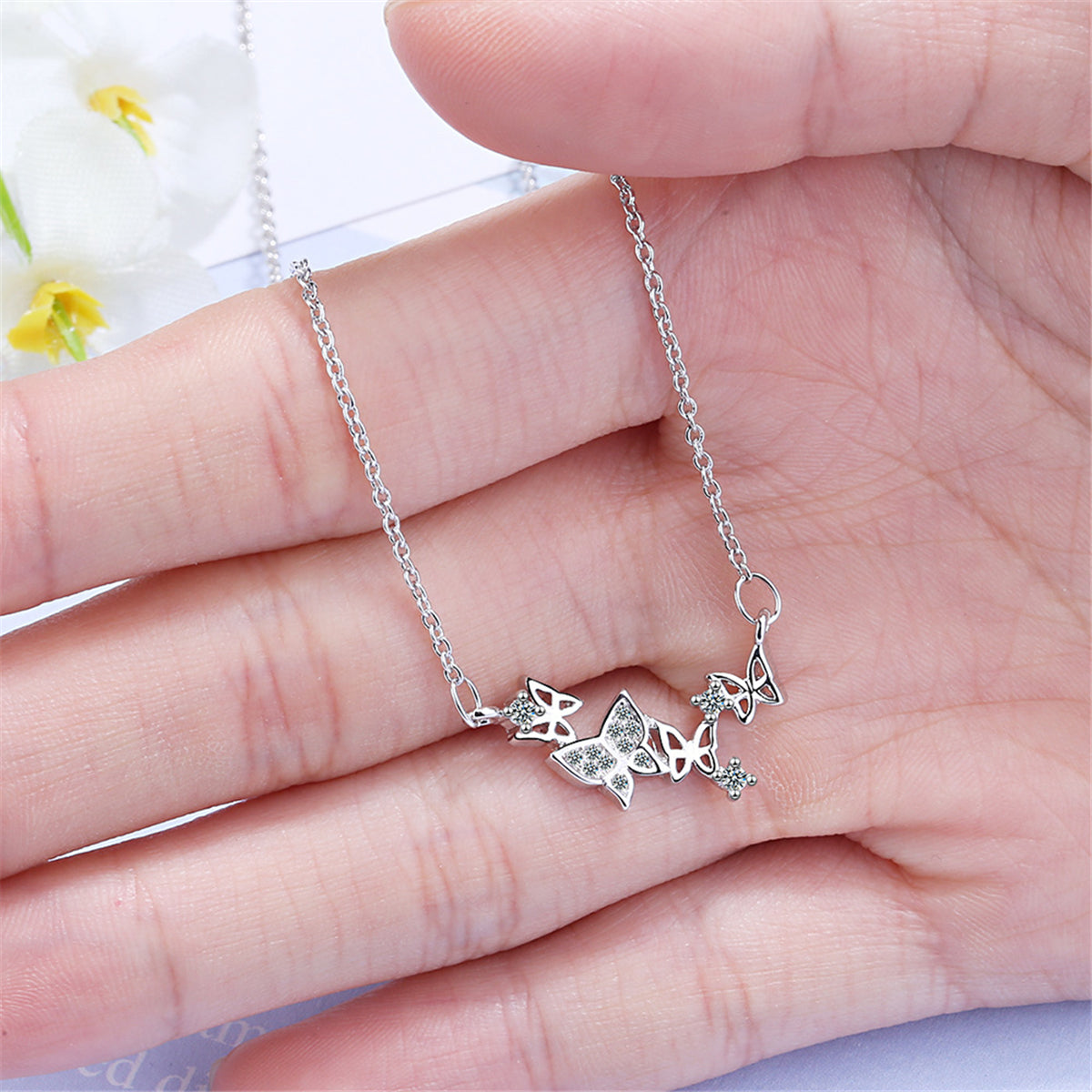 Cubic Zirconia & Silver-Plated Linked Butterfly Pendant Necklace