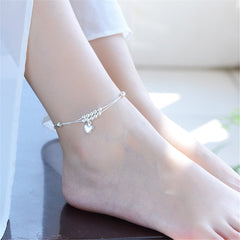 Silver-Plated Beaded Heart Charm Anklet