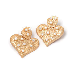 Pearl & 18K Gold-Plated Textured Heart Drop Earrings