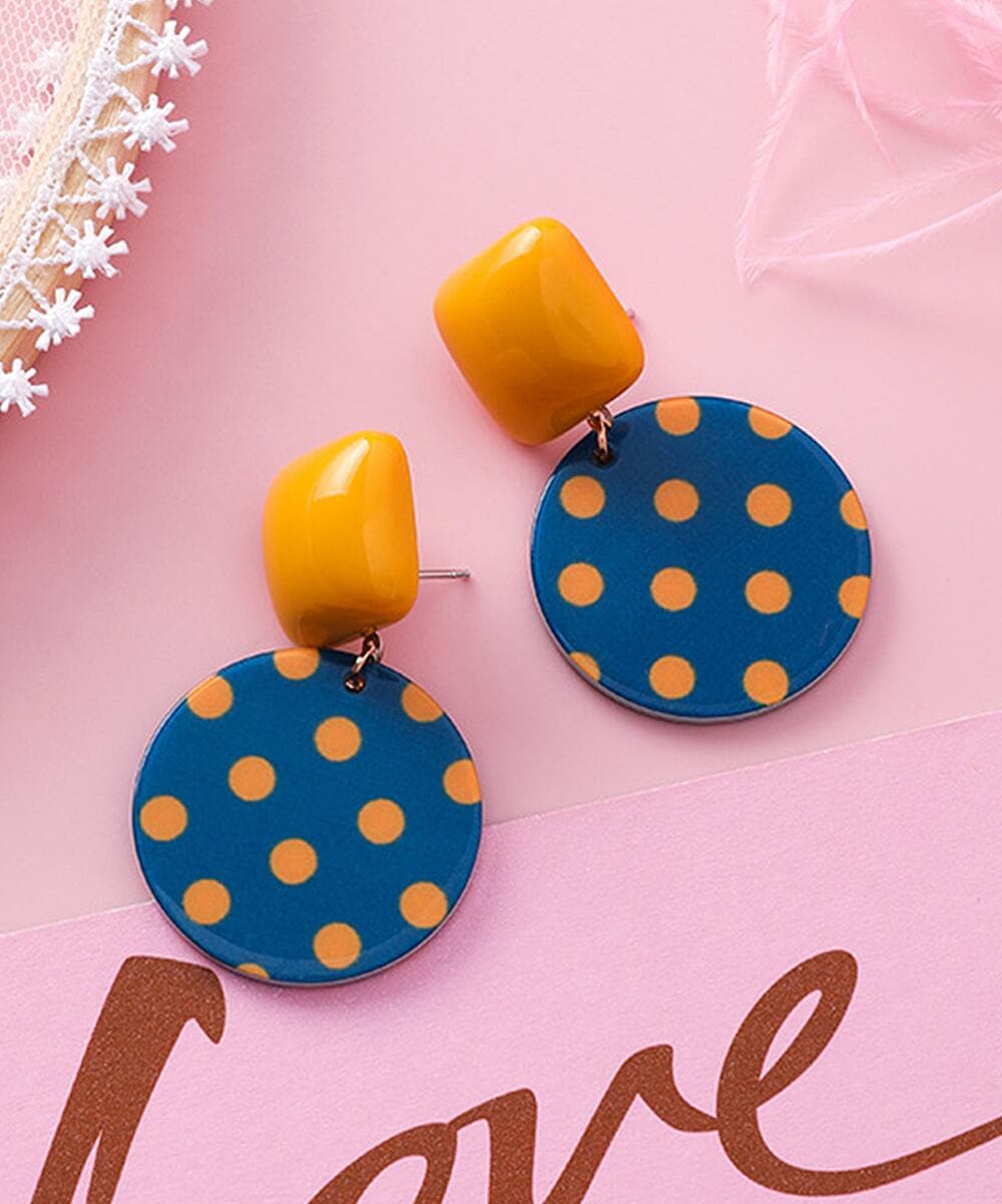Blue and Orange Polka Dot Geometric Drop Earrings, drop earrings for women, dainty minimalist design, detail close-up
