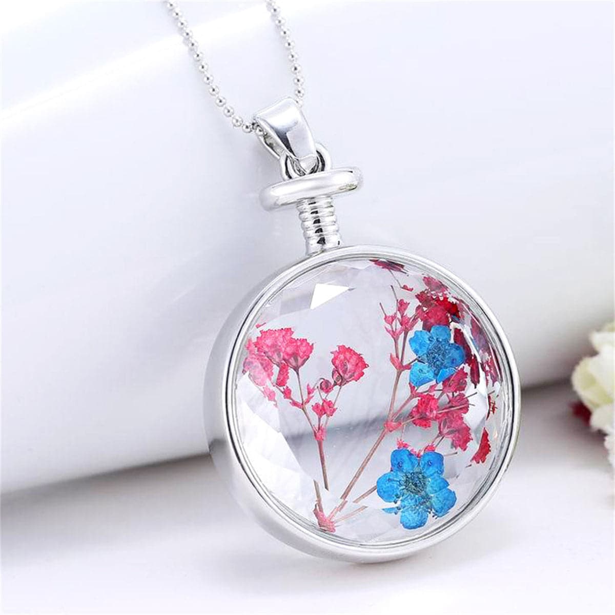 Purple and Red Pressed Peach Flower Round Pendant Necklace, pendant necklace for women, dainty minimalist design, side view