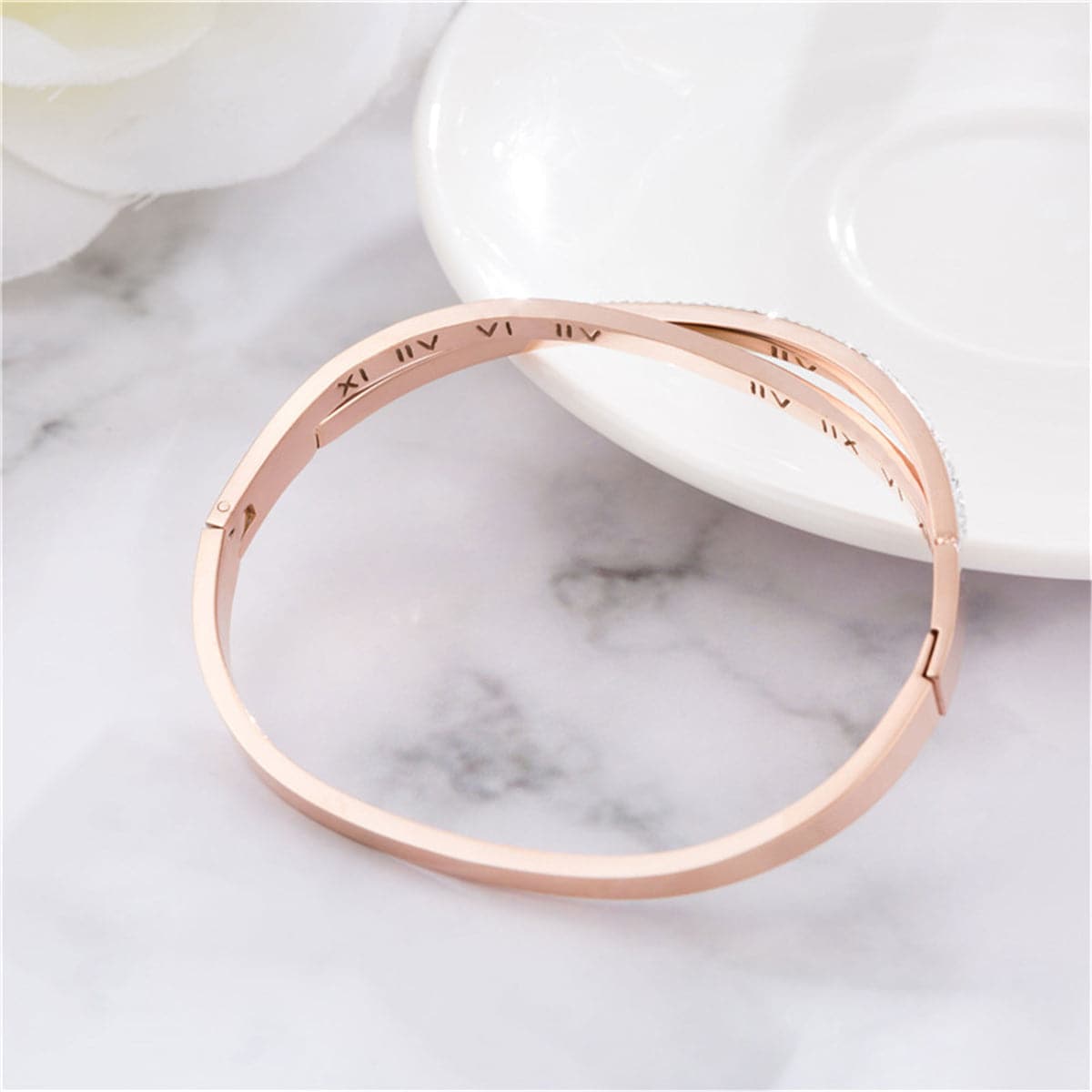 Cubic Zirconia & 18K Rose Gold-Plated Cross & Roman Numeral Bangle