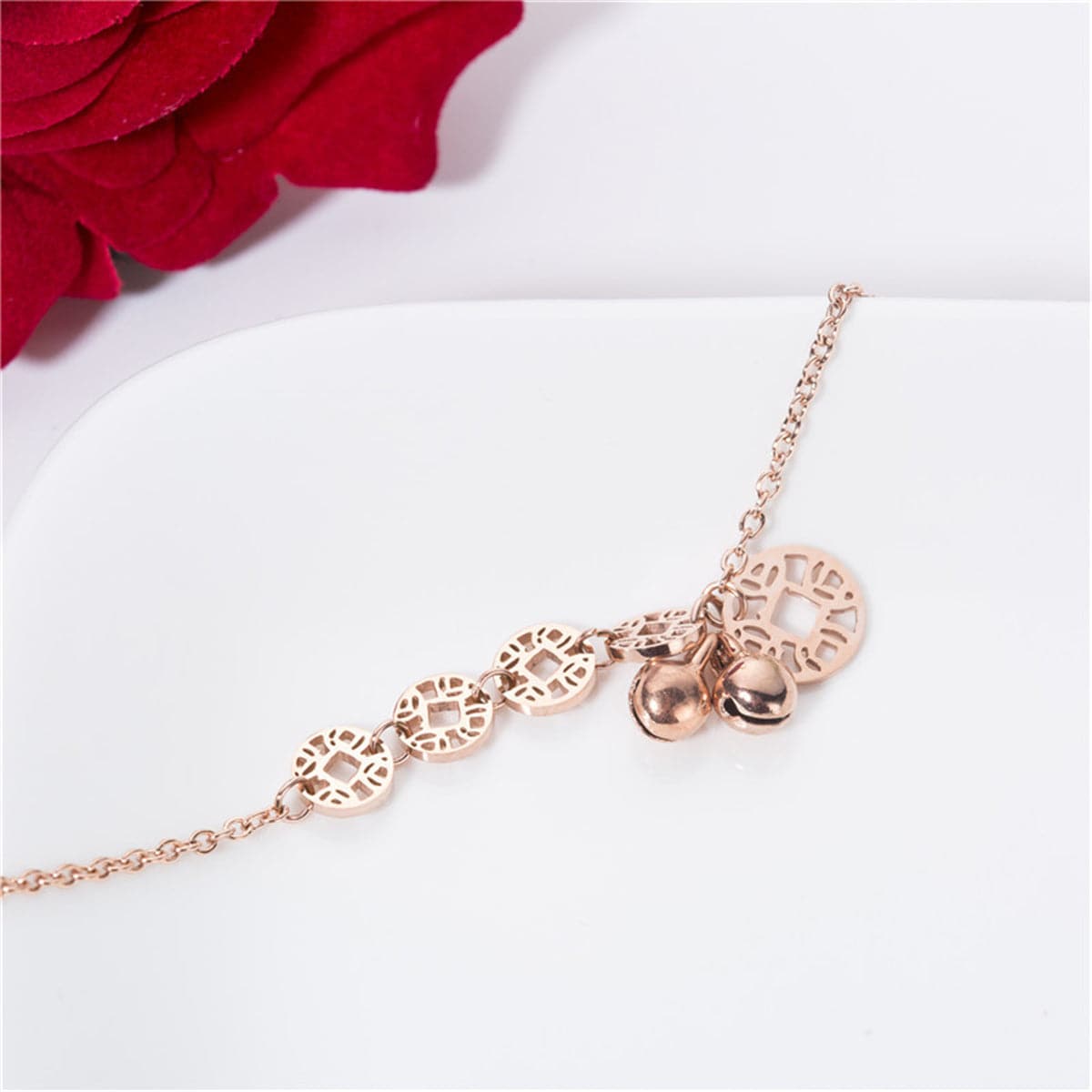 18K Rose Gold-Plated Coin & Bell Charm Anklet