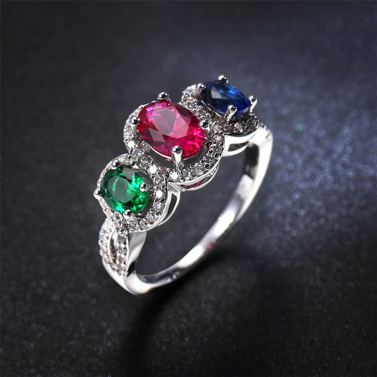 Crystal and Cubic Zirconia Trio Ring, statement rings for women, vintage-inspired design, front view