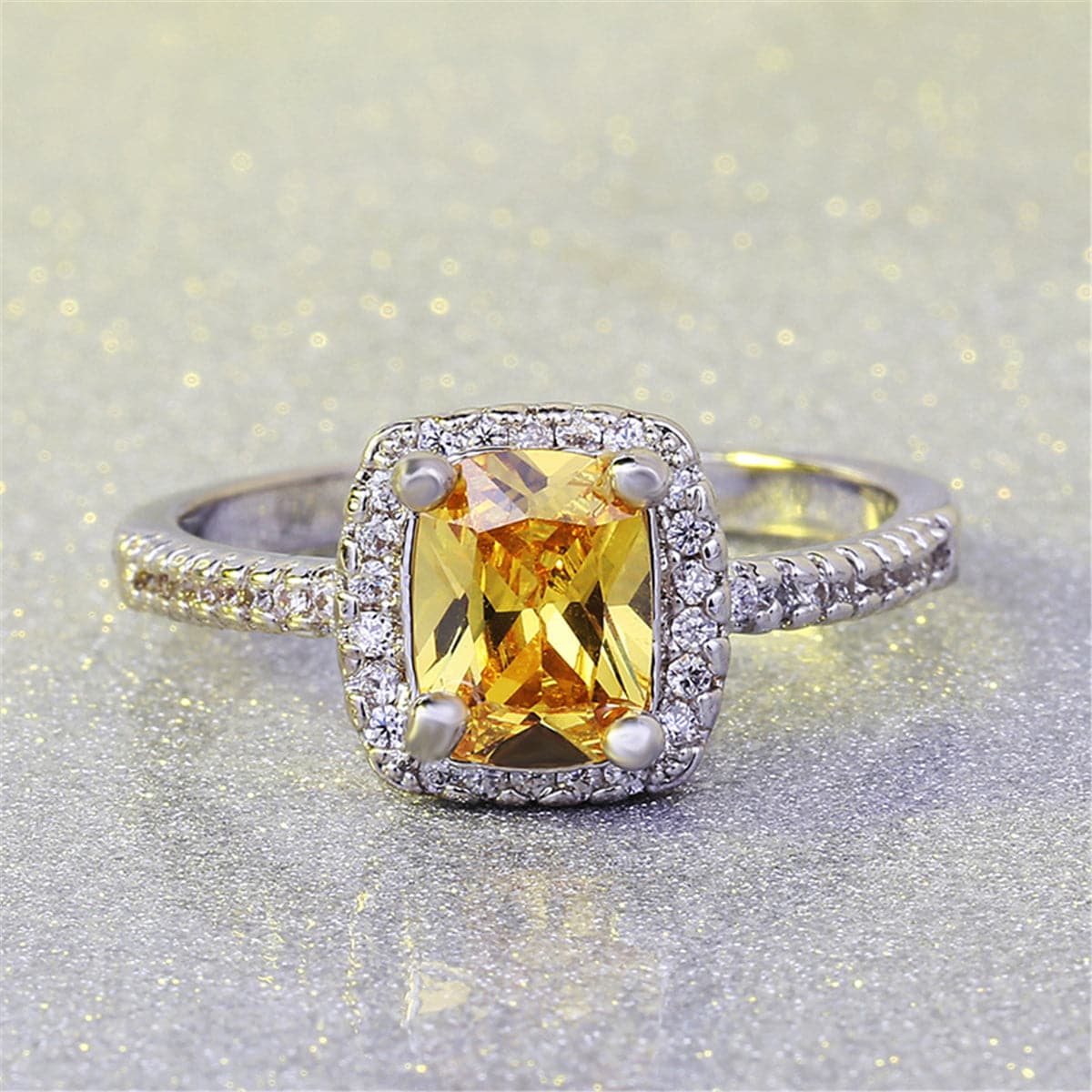 Yellow Crystal and Silver-Plated Square-Cut Ring, silver statement rings for women, vintage-inspired design, lifestyle look