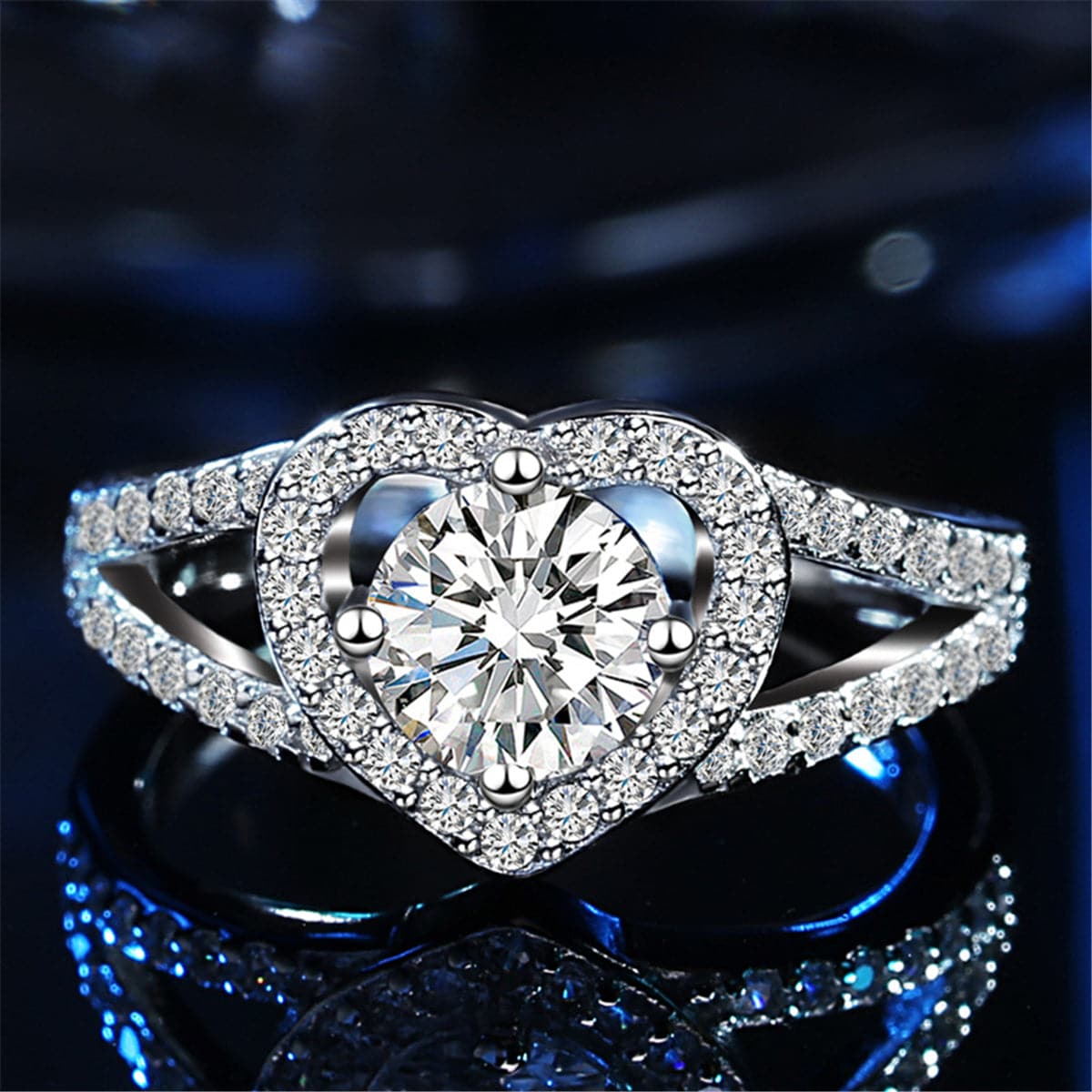 Cubic Zirconia and Crystal Silver-Plated Heart Ring, silver statement rings for women, elegant gift for her, front view