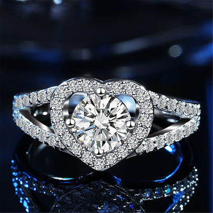 Cubic Zirconia and Crystal Silver-Plated Heart Ring, silver statement rings for women, elegant gift for her, front view