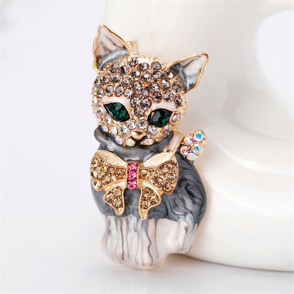 Cubic Zirconia & 18K Gold-Plated Kitty Brooch
