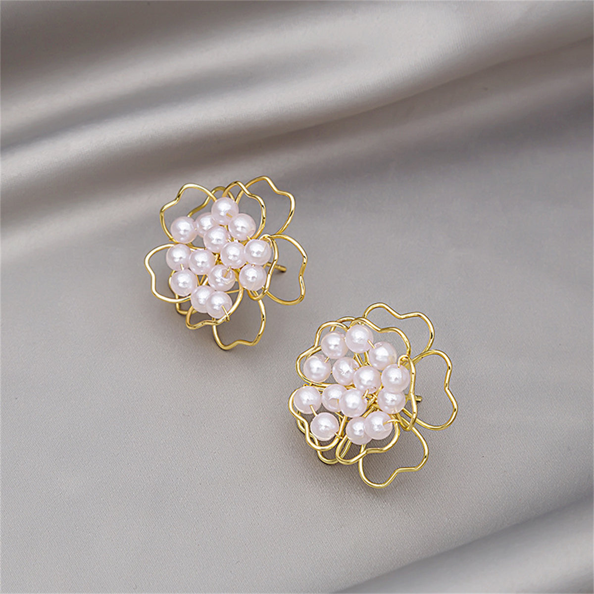 Pearl & 18K Gold-Plated Stacked Openwork Floral Stud Earrings