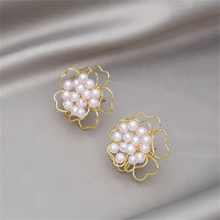 Pearl & 18k Gold-Plated Stacked Openwork Floral Stud Earrings