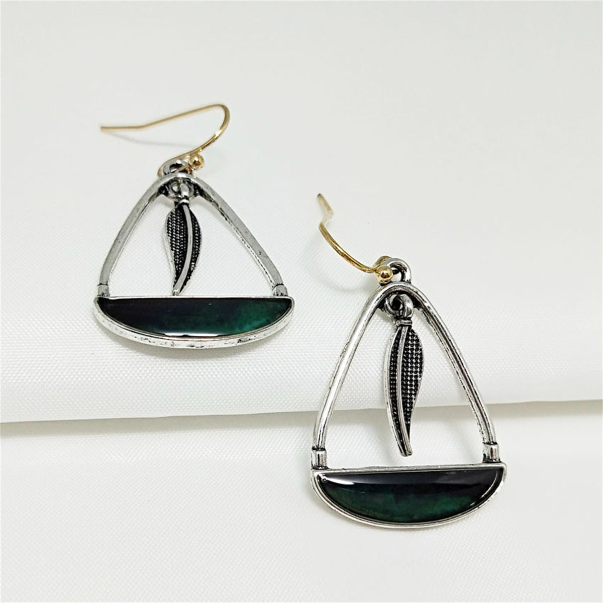 Black-Green Resin and Two-Tone Feather Handbag Drop Earrings, drop earrings for women, everyday style, detail close-up