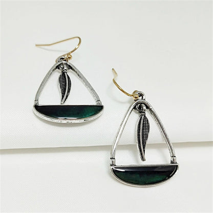 Black-Green Resin and Two-Tone Feather Handbag Drop Earrings, drop earrings for women, everyday style, detail close-up