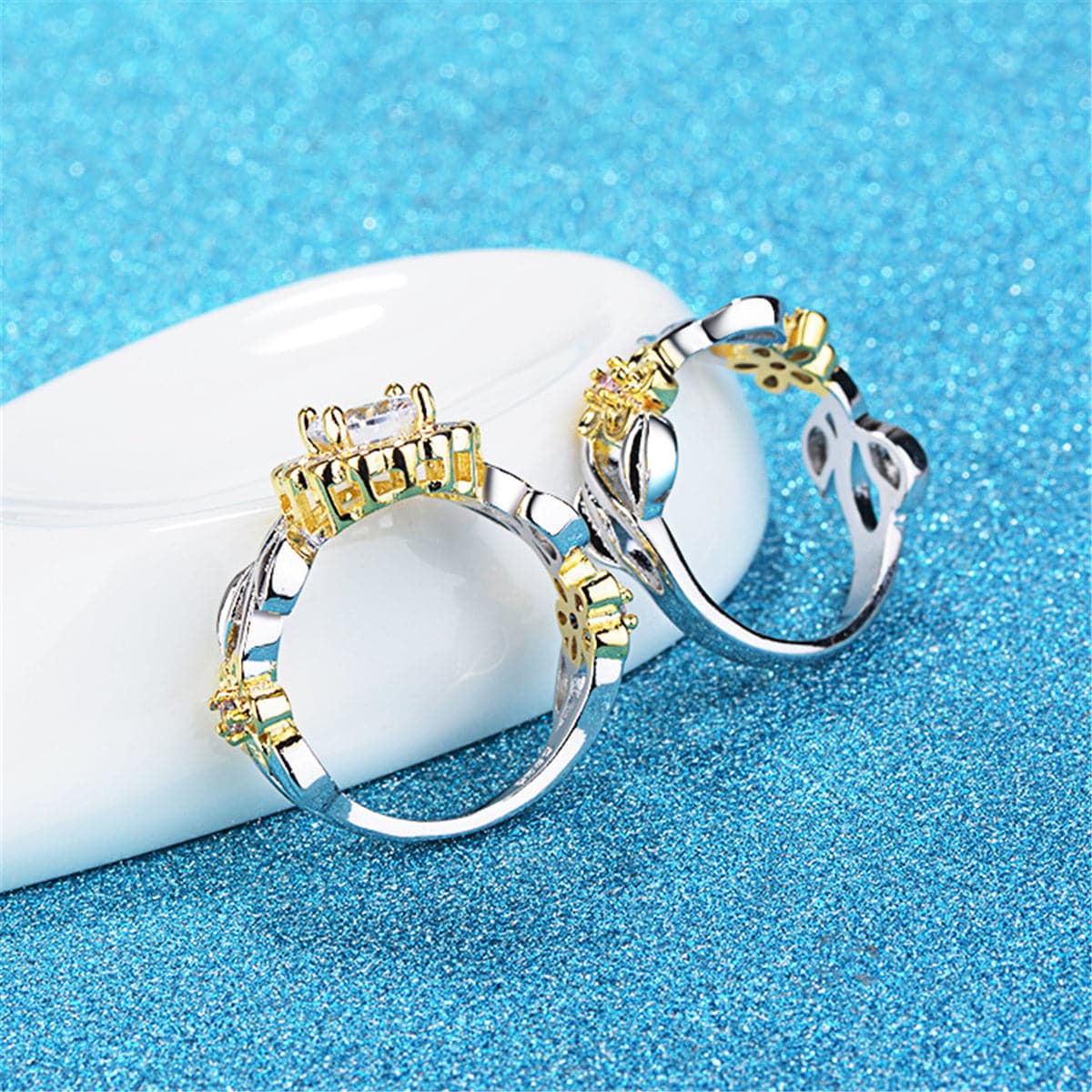 Cubic Zirconia & Two-Tone Flower Band Ring Set