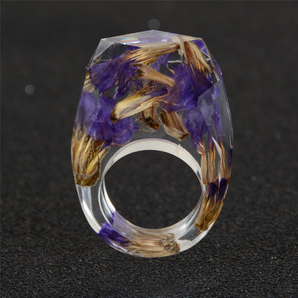 Purple and Brown Dried Flower Ring, statement rings for women, everyday style, side view