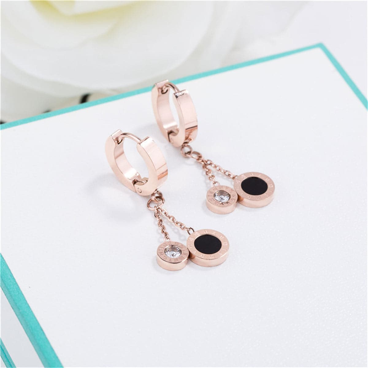 Cubic Zirconia and 18K Rose Gold-Plated Double Ring Drop Earrings, rose gold drop earrings for women, styled look