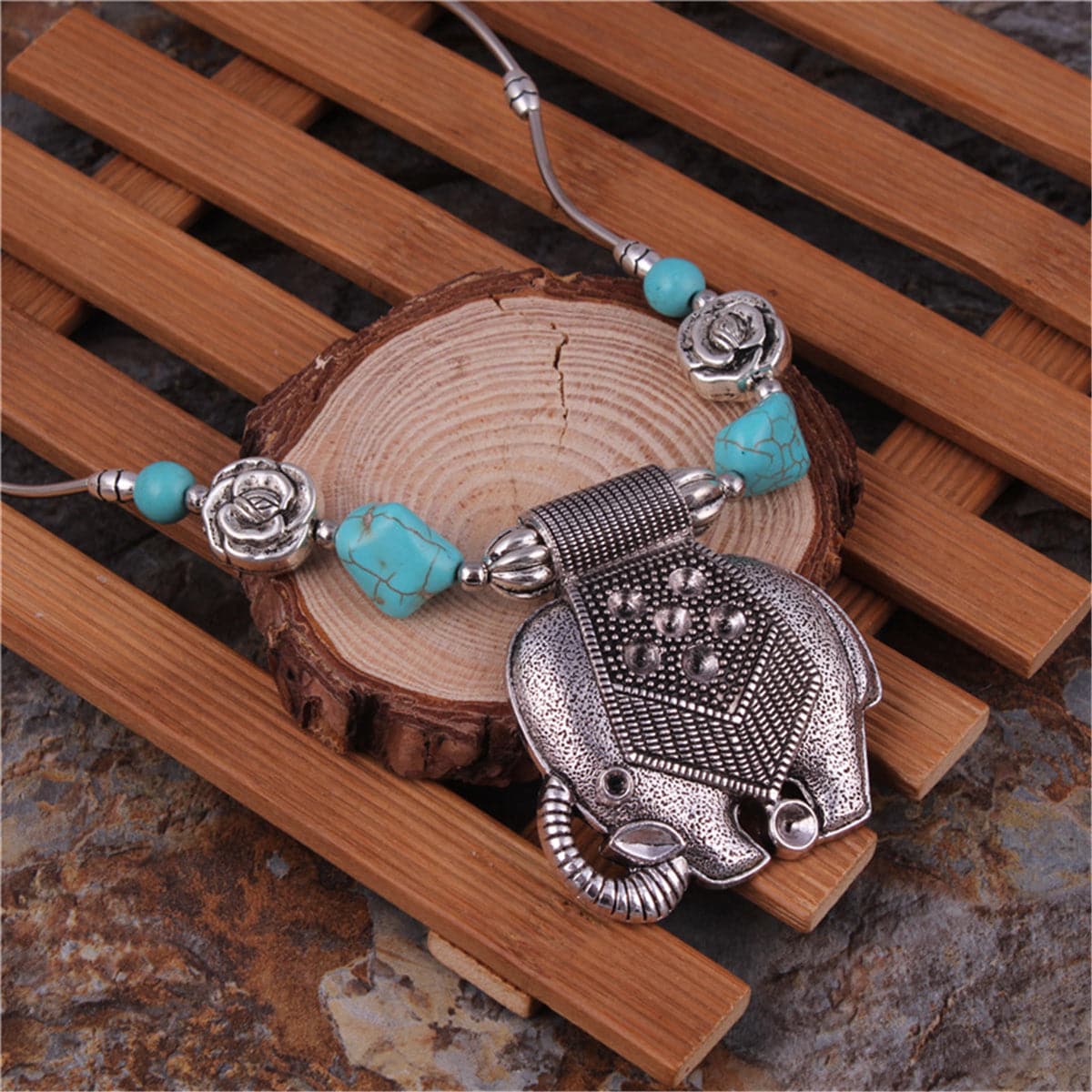 Turquoise & Silver-Plated Elephant Pendant Necklace