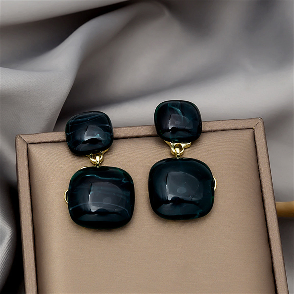 Black Resin and 18K Gold-Plated Square Drop Earrings, gold drop earrings for women, dainty minimalist design, front view