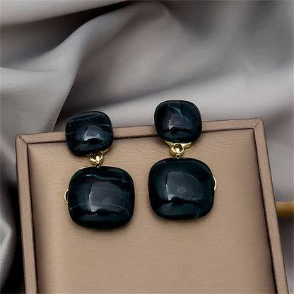 Black Resin and 18K Gold-Plated Square Drop Earrings, gold drop earrings for women, dainty minimalist design, front view
