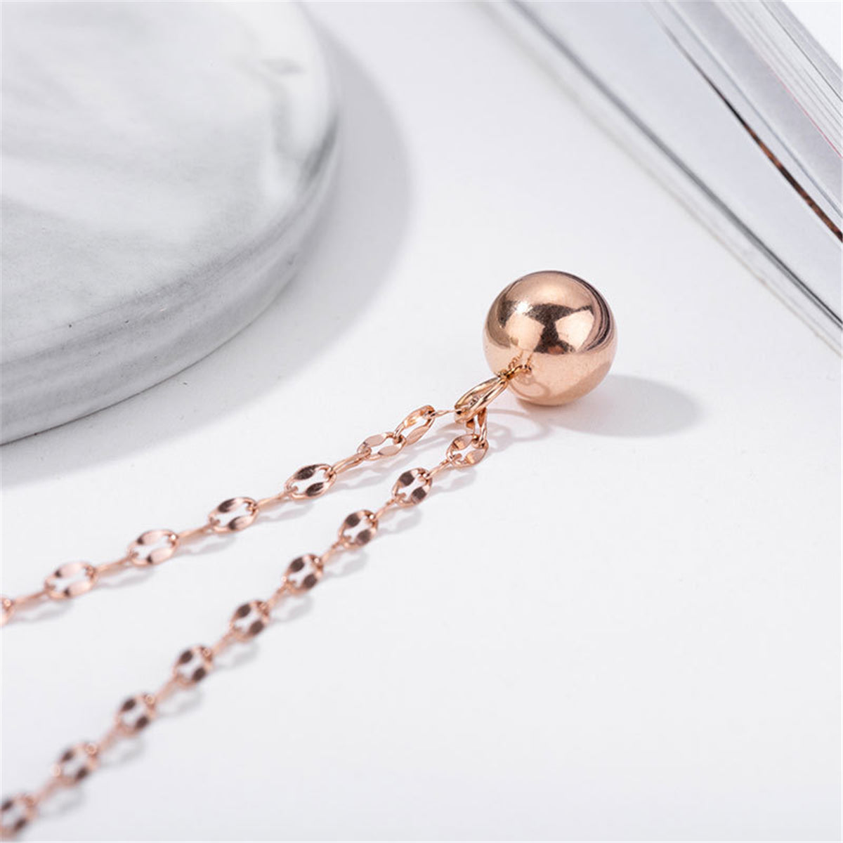 18K Rose Gold-Plated Ball Pendant Necklace, rose gold pendant necklace for women, everyday style, detail close-up