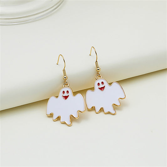 White Enamel and 18K Gold-Plated Happy Ghost Drop Earrings, gold drop earrings for women, everyday style, front view