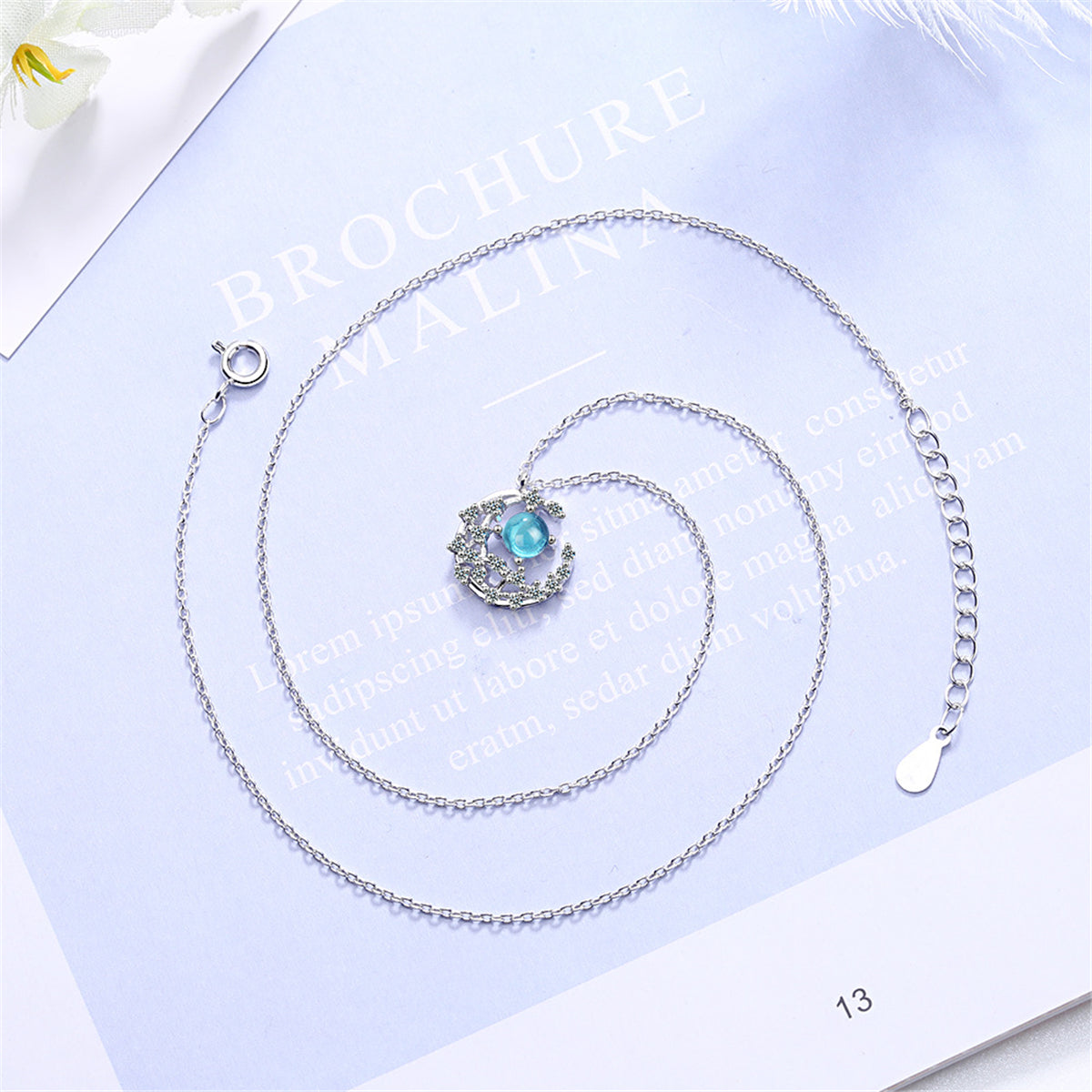 Blue Crystal and Cubic Zirconia Crescent Moon Pendant Necklace, pendant necklace for women, lifestyle look