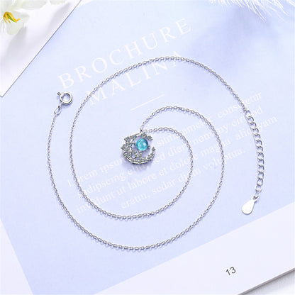 Blue Crystal and Cubic Zirconia Crescent Moon Pendant Necklace, pendant necklace for women, lifestyle look