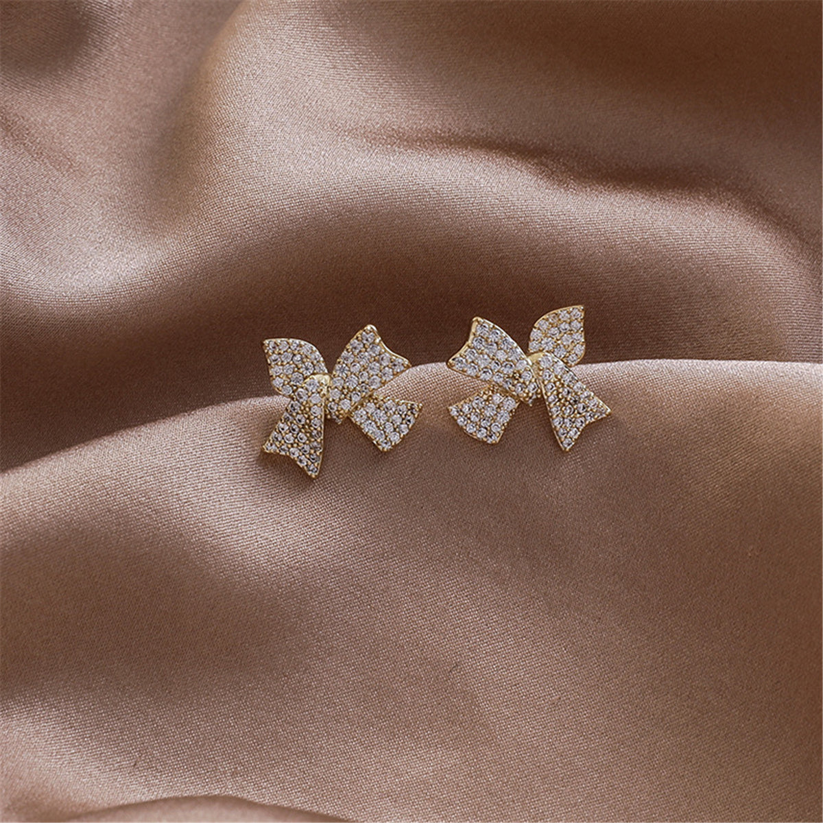 Cubic Zirconia and 18K Gold-Plated Bow Stud Earrings, gold stud earrings for women, elegant gift for her, detail close-up