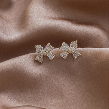 Cubic Zirconia and 18K Gold-Plated Bow Stud Earrings, gold stud earrings for women, elegant gift for her, detail close-up