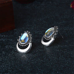 Iridescent Opal & Silver-Plated Pear Cut Stud Earrings - streetregion