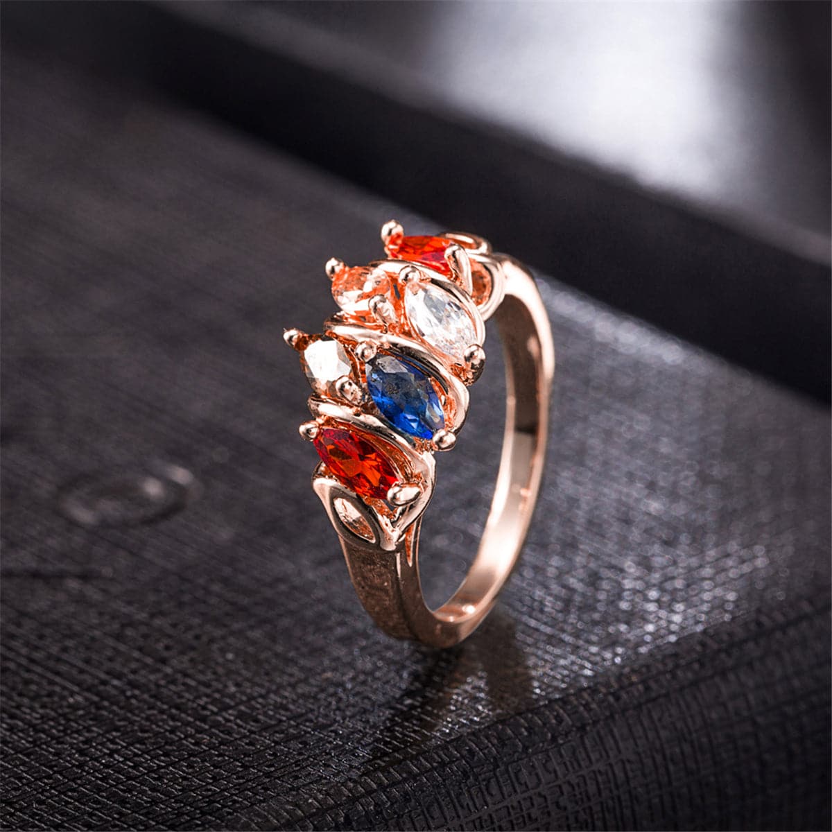 Red Multicolor Crystal and 18K Rose Gold-Plated Prong Ring, rose gold statement rings for women, lifestyle look