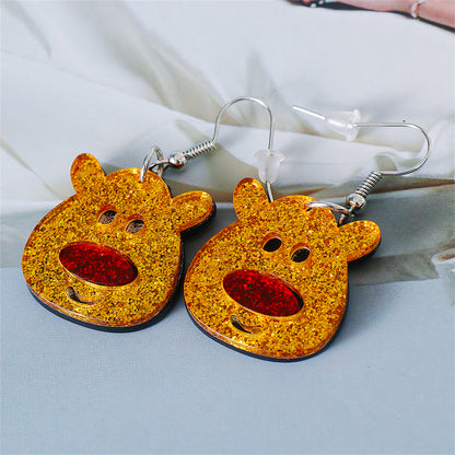 Yellow and Red Glitter Reindeer Face Drop Earrings, drop earrings for women, elegant gift for her, detail close-up
