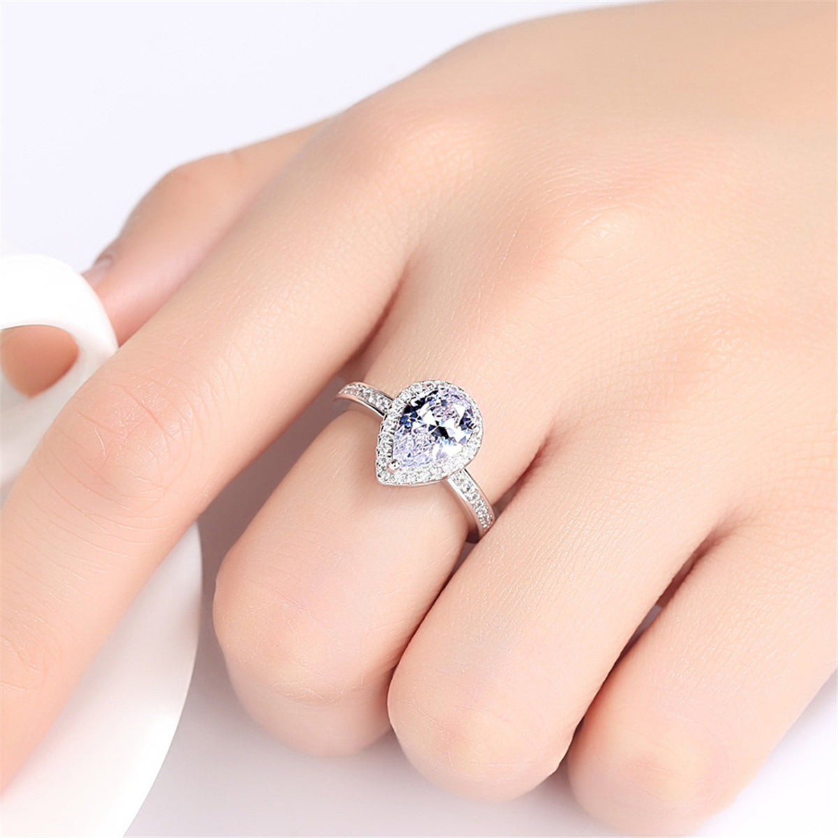 Blue Crystal and Cubic Zirconia Teardrop Halo Ring, statement rings for women, botanical inspired, detail close-up