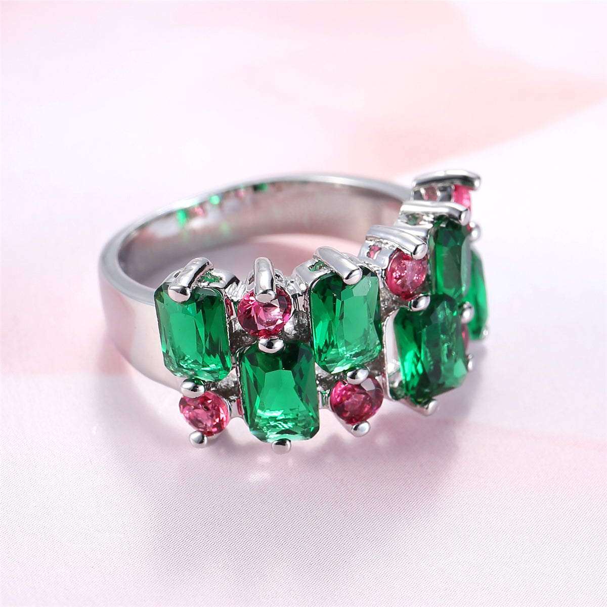 Green and Rose Pink Cubic Zirconia and Crystal Cluster Ring, statement rings for women, vintage-inspired design, styled look