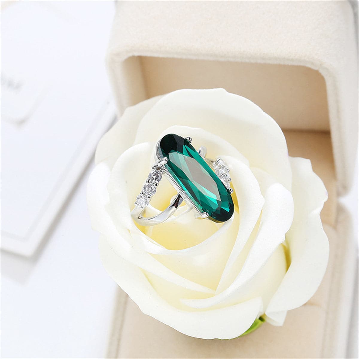 Green Cubic Zirconia & Crystal Long Oval Ring