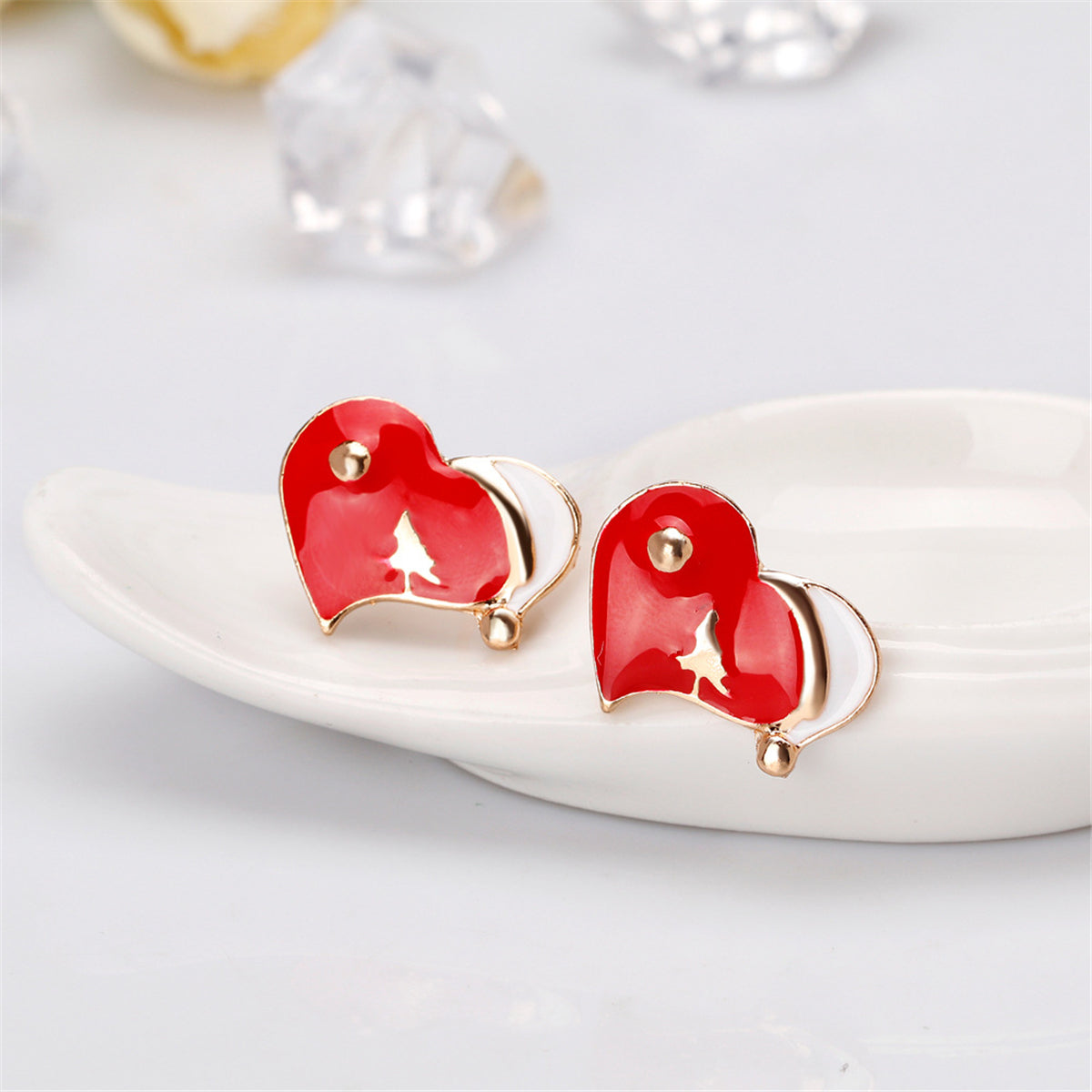 Red Enamel & 18K Gold-Plated Heart Hat Stud Earrings