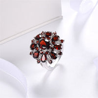 Red Crystal & Silver-Plated Floral Cocktail Ring