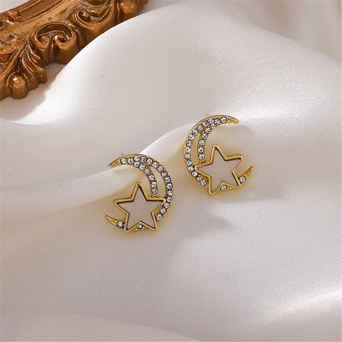 Cubic Zirconia and Acrylic Star Moon Stud Earrings, stud earrings for women, elegant gift for her, side view