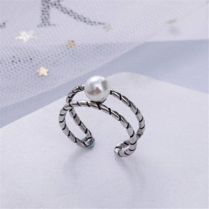 Pearl and Silver-Plated Openwork Ring, silver statement rings for women, botanical inspired, front view