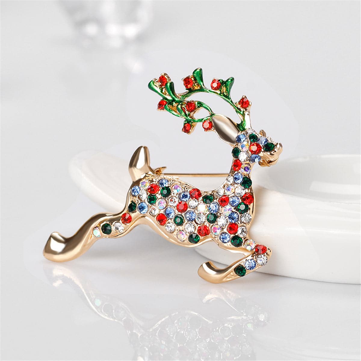 Cubic Zirconia & 18K Gold-Plated Jumping Reindeer Brooch