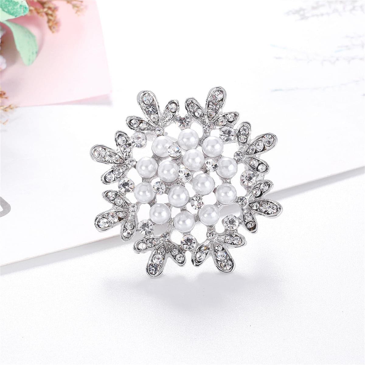Clear Cubic Zirconia and Pearl Silver-Plated Flower Brooch, silver brooch pin, elegant gift for her, side view